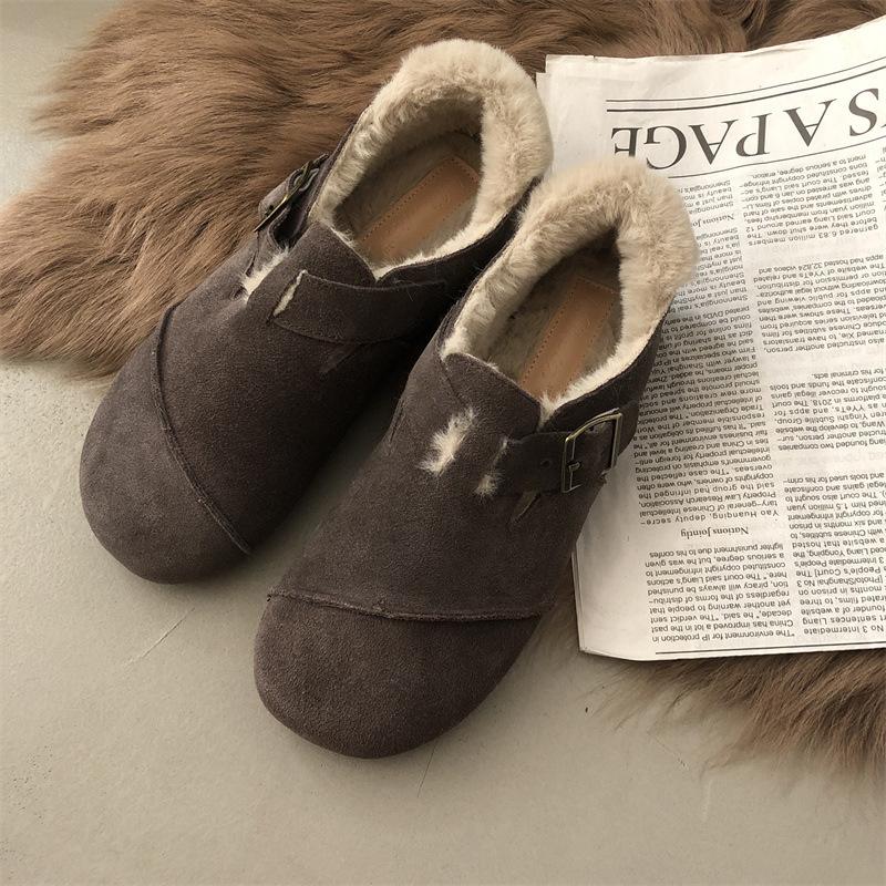 Мода 2024 Осень и Зима Новая Мода Кожа Женщины Плюс Бархат Ретро Туфли-Бобы Женщины Хлопковые Туфли Женщины Балетки