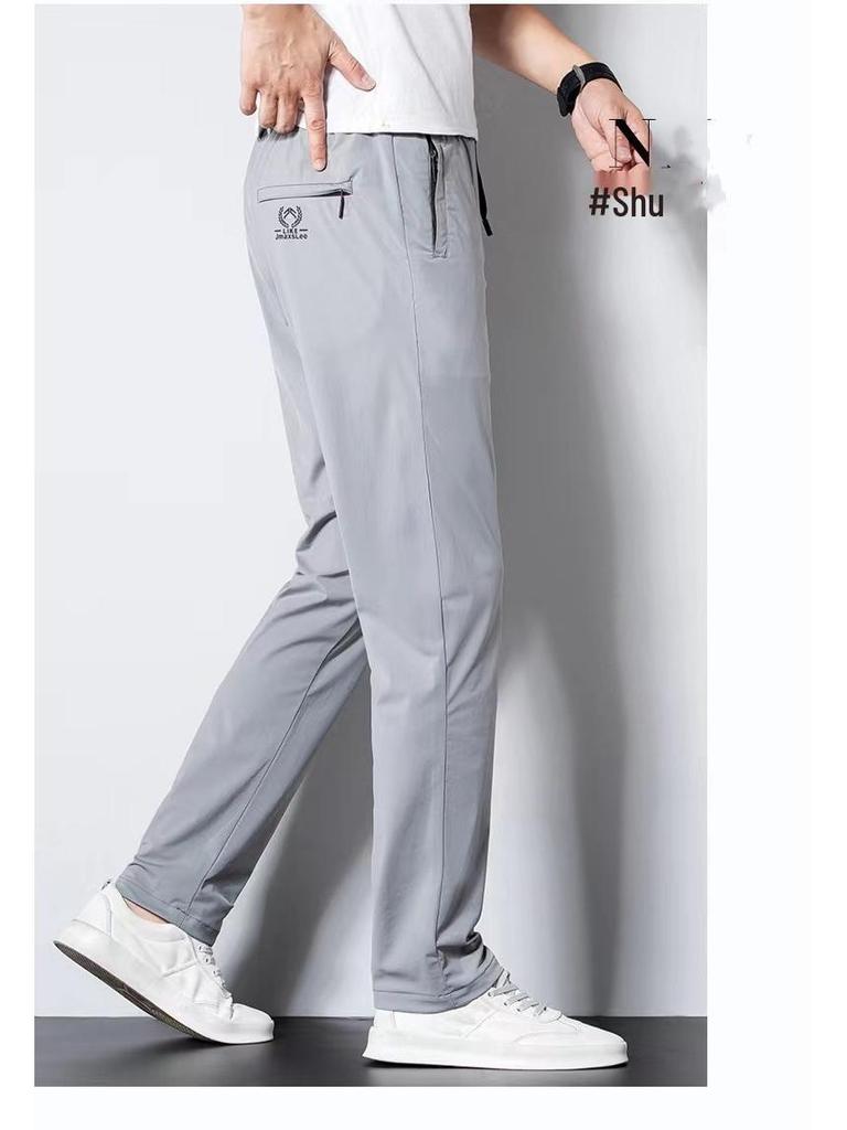 Men's Summer Ice Silk Quick-Dry Pants, Casual All-Match, Elastic Waist, Large Size, Suitable for Middle-Aged and Young Men.
