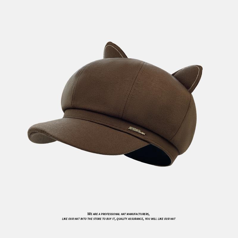 Осенне-зимние шляпы для женщин Британская ретро восьмиугольная шляпа Большой обхват головы Маленький берет, подчеркивающий лицо Универсальная кепка с кошачьими ушками