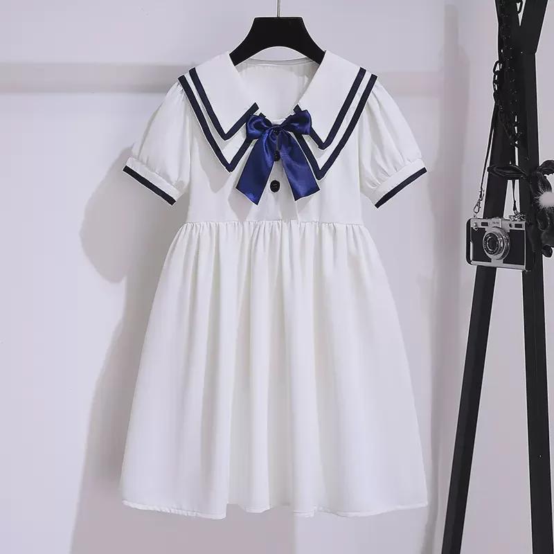 Летнее платье для девочек в студенческом стиле с рукавами-фонариками и отворотом