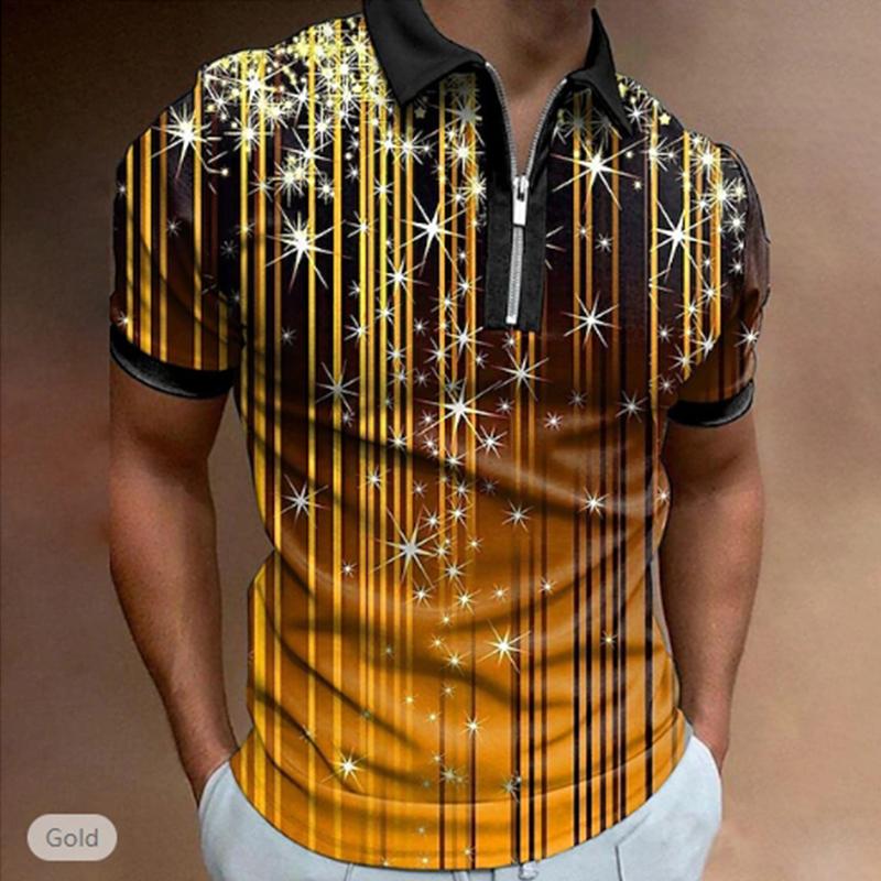 Casual Lapel T-shirt Young Men's Fashion Zipper T-shirt Short Sleeve T-shirt Men's 3D Meteor Print Print T Shirt