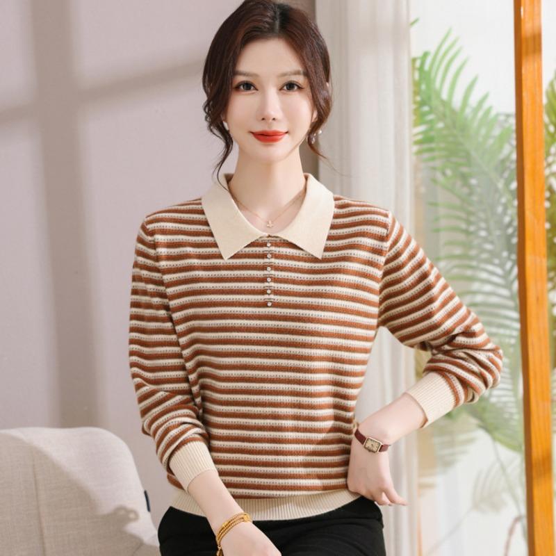 Autumn New Middle-aged and Old Bottoming Shirt Top Fashionable Mother Striped Knitted Sweater Loose and Casual