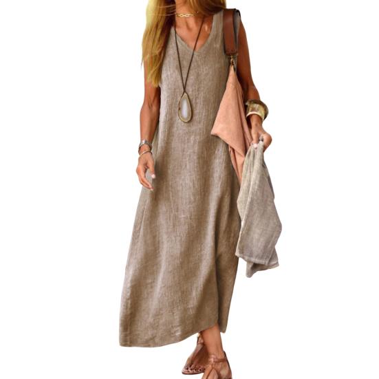Летнее женское платье с V-образным вырезом без рукавов, свободный жилет до щиколотки, чистый цвет, пуловер трапециевидной формы, пляжное платье макси для отдыха