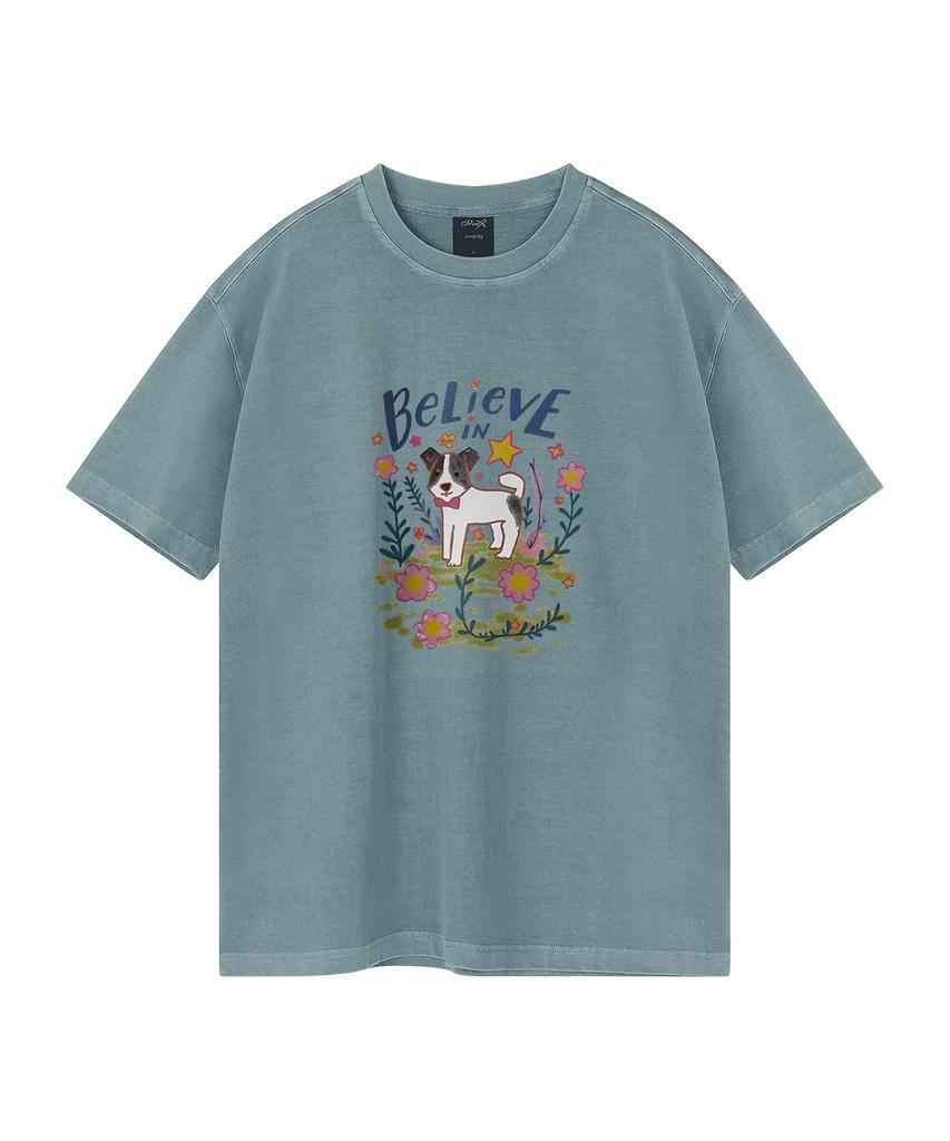 WILDROCK Flower Garden Puppy Pigment Oversized Short Sleeve T-Shirt (Cropped) (Type A)