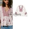 Spring and Summer New Women's Clothing French Style Laminated Decoration Su Sui Decoration Printed V-neck Long Sleeve Shirt Top 5029081