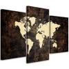 Three Piece Picture Canvas Print World Map Brown