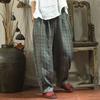 Women Plaid Straight Pants Spring Elastic Waist Vintage Loose All Match Cotton Linen Pockets Trouser