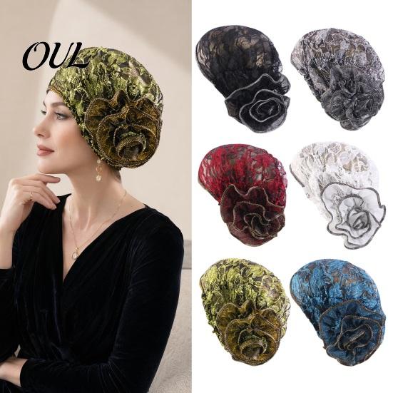 Skin-friendly Turban Hat, Lace Hollow Design Headwrap with 3D Flower Decoration, Hat High Elastic Fit Summer Cap for Retro Style Headwear Women