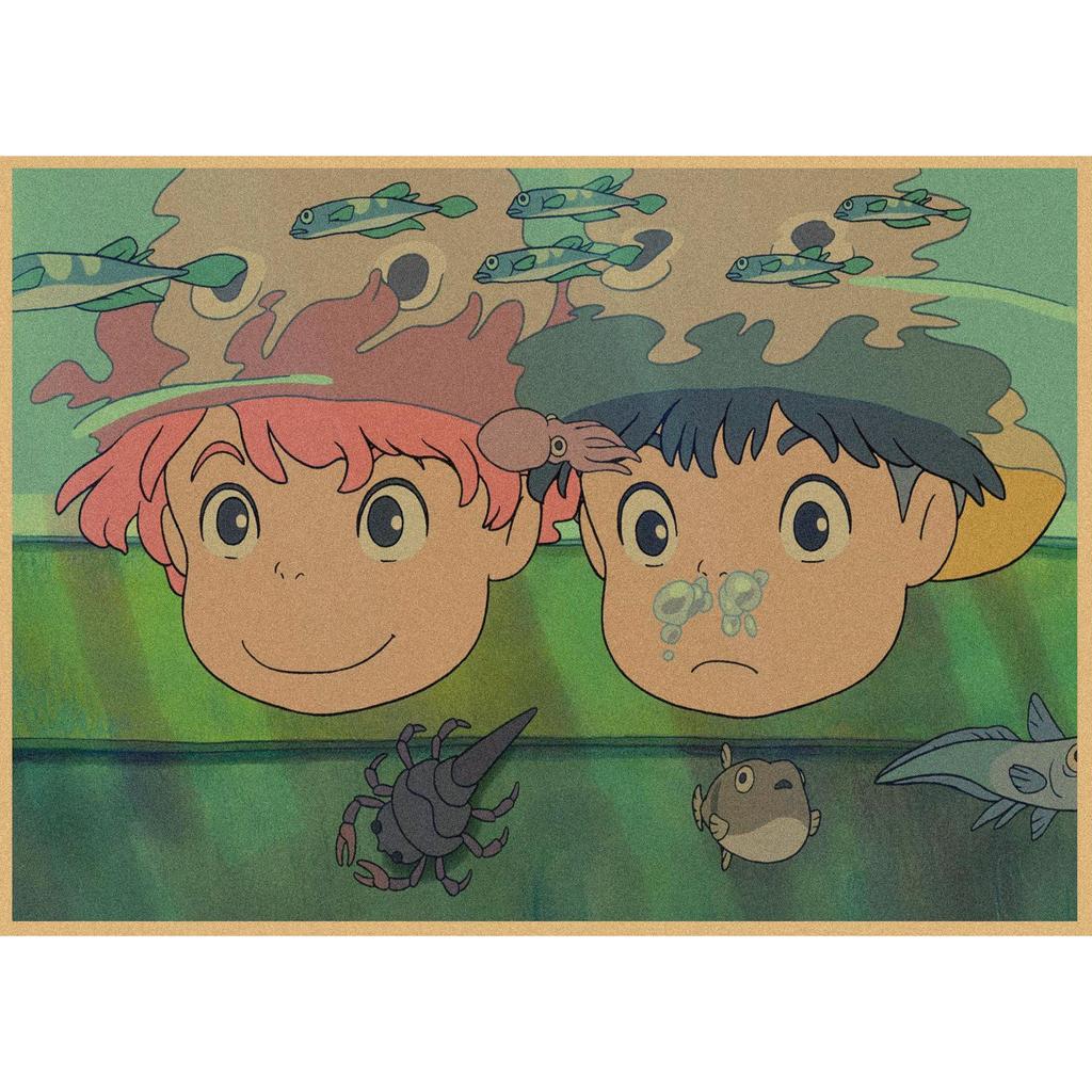 Ponyo on the Cliff Retro Anime Poster - Vintage Kraft Paper Wall Art
