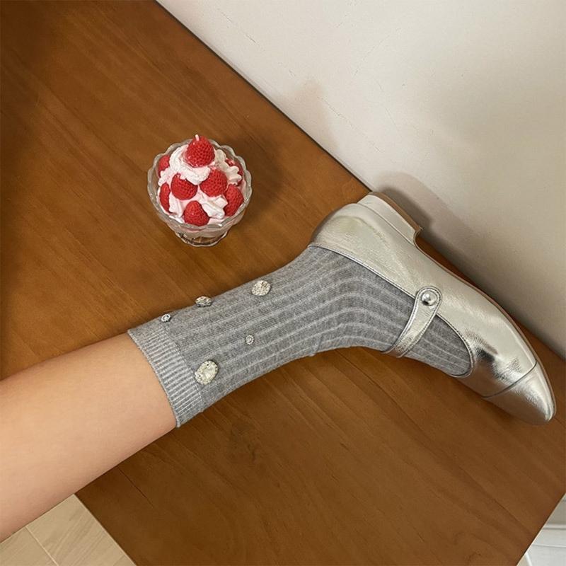 Womens Ribbed Crew Socks, Thin Comfort Breathable Rhinestone Socks, Above Ankle Crew Socks for Womens Schoold Girl