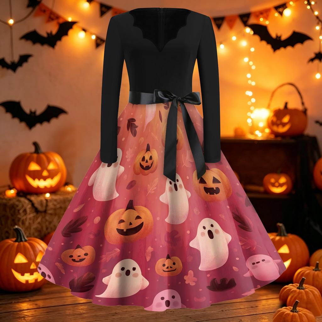 Women's Casual Halloween Print V Neck Vintage Style Dress Long Sleeve Fit and Flare Midi Dress with Waist Tie Belt