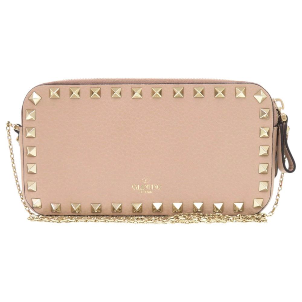 Used AUTHENTIC Valentino Garavani Chain Shoulder Rock studs Shoulder Bag Pink Beige