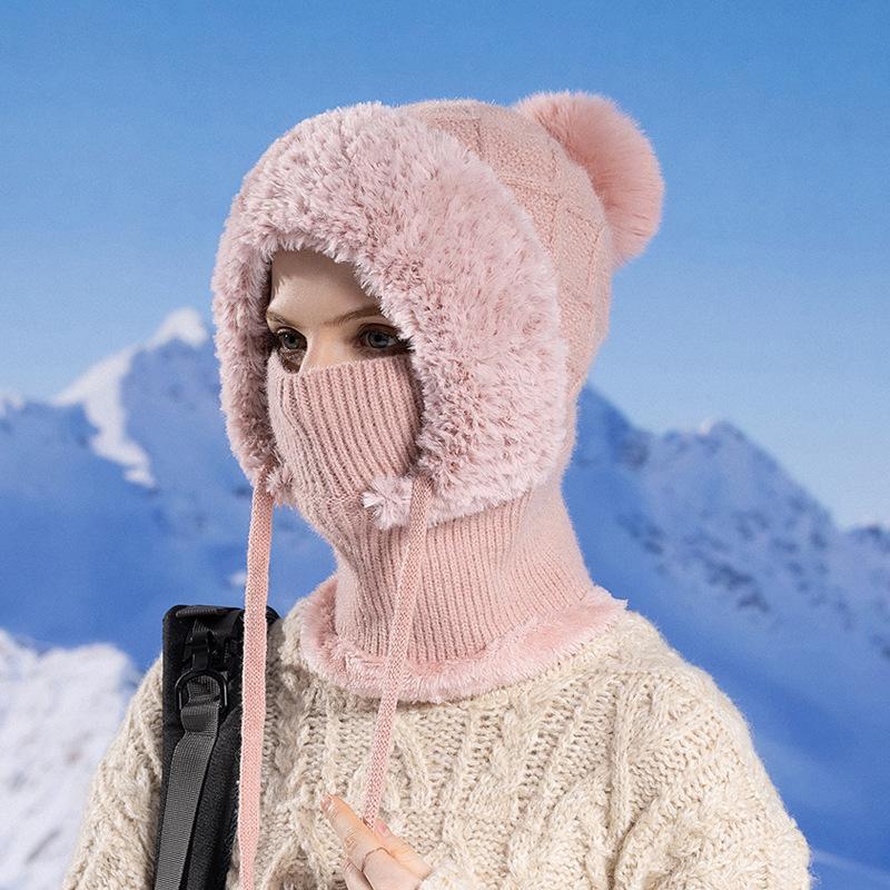1PC Winter Women's Hat Mask Scarf Integrated Pullover Hat Fleece Warm Ear Protector Knitted Woolen Hat