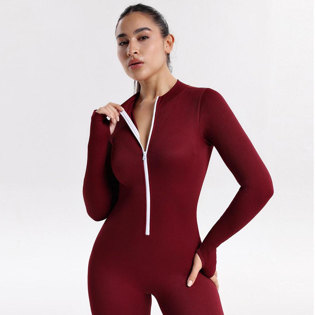 European-Style One-Piece Sport Jumpsuit for Women with Zipper, Stand Collar, Long Sleeves, Thumb Holes, Hip Lifting, and Tummy Control