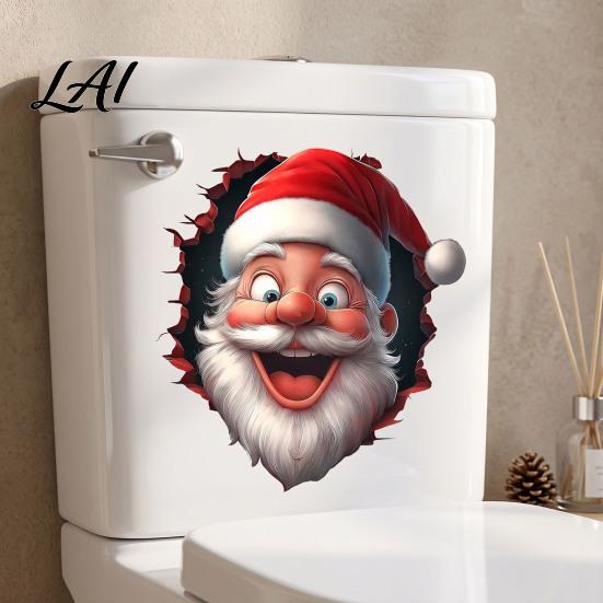Funny Holiday Party Decorations Santa Toilet Sticker Christmas Lid Decal Self-Adhesive 3D Durable Festive Home Accessories Hole Waterproof PVC Wall