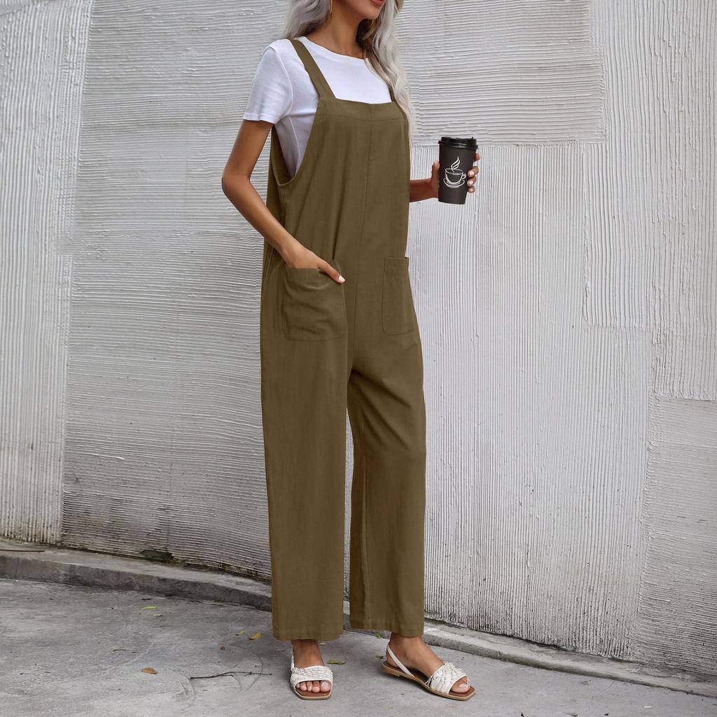 Женская мода, летние брюки-комбинезон из хлопка и льна, свободный повседневный комбинезон с карманами