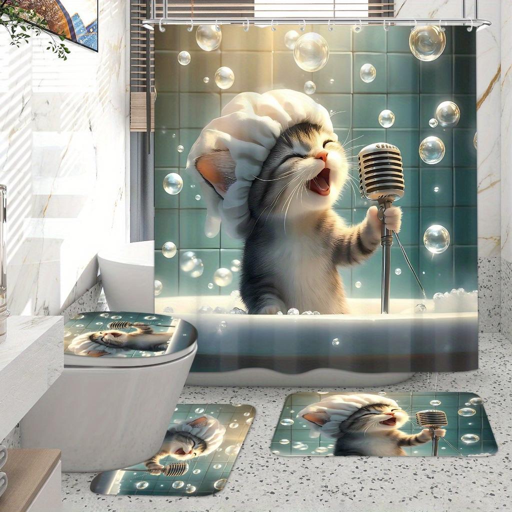 Набор из 4 предметов: Занавеска для душа для ванной комнаты с забавным рисунком поющего кота, занавеска для ванной с 12 крючками, нескользящие коврики, коврик для крышки унитаза, перегородка для ванной комнаты