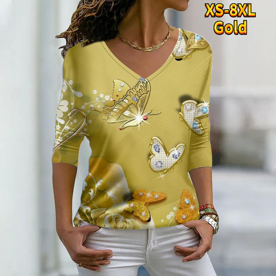 Women Autumn Floral Butterfly Flying Printed Long Sleeve T-Shirts Loose V-Neck Plus Size Tee Shirt Tops Comfy Blouse