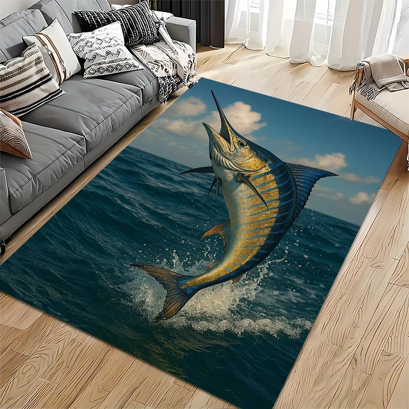 Fishing Art Area Rug, Blue Marlin Fish Jumping Ocean Sky Realistic Print, Nautical Coastal Cabin Decor, Non-Slip Mat