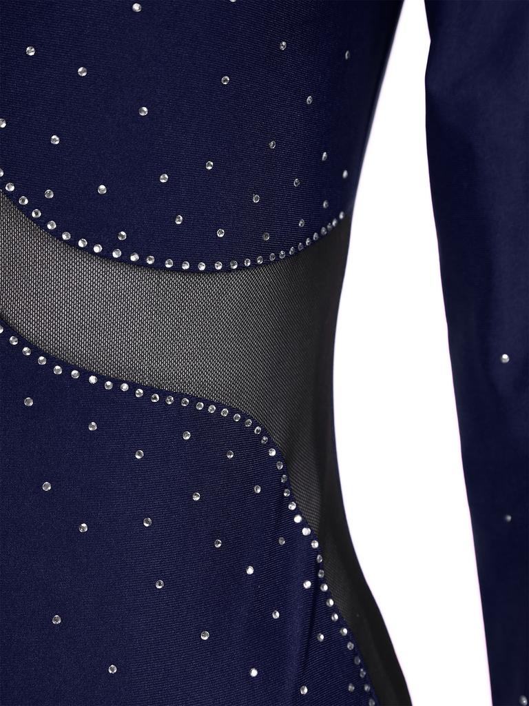 Женский сверкающий комбинезон с цветными блоками, прозрачной сетчатой вставкой, вырезом на спине, длинными рукавами и стразами