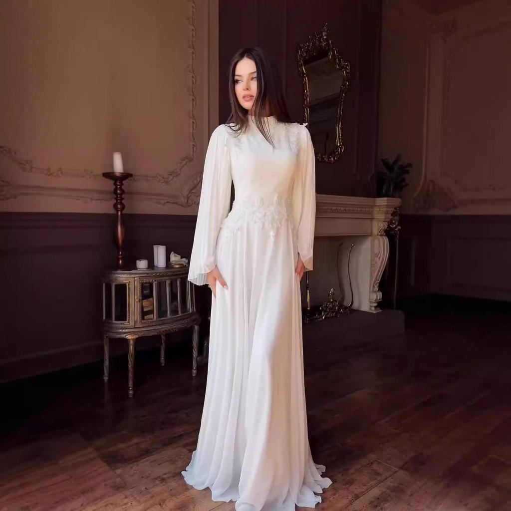 2024 Elegant Women's Solid Color Long Sleeve Maxi Dress with Heavy Embroidery and Semi-High Neck