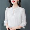 Женская летняя рубашка из шифона с рукавом пять четвертей, однотонный дизайн, женская блузка с завязкой