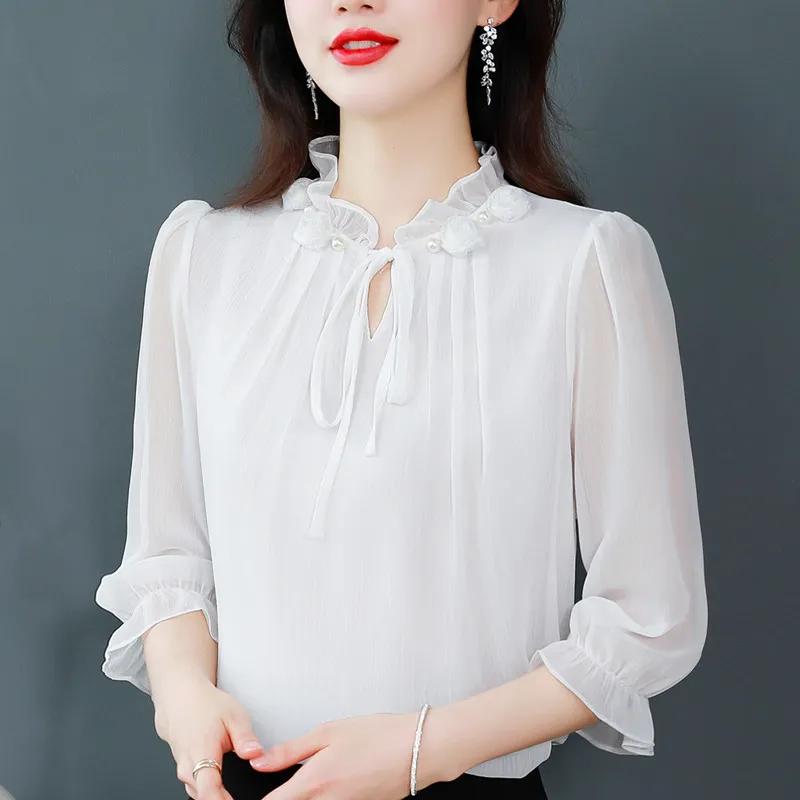 Женская летняя рубашка из шифона с рукавом пять четвертей, однотонный дизайн, женская блузка с завязкой