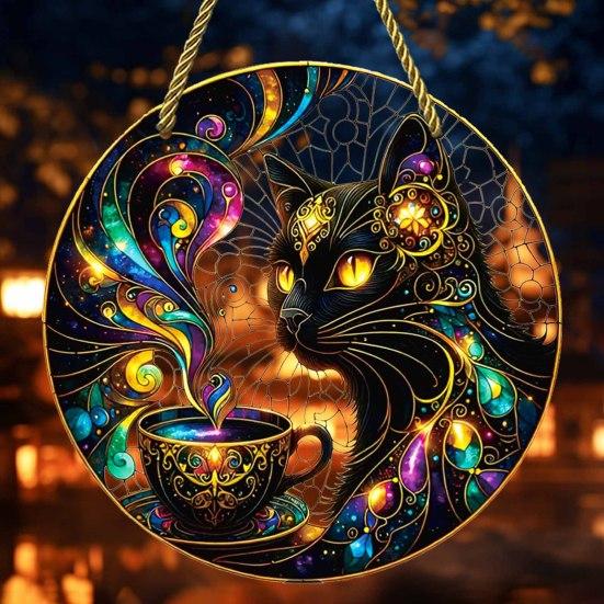 Stylish Cat Hanging Sign Moon Halloween Window Decor, Mystical Black Round Modern Room Decor for Indoor Outdoor Wall Art, Gothic Home Porch
