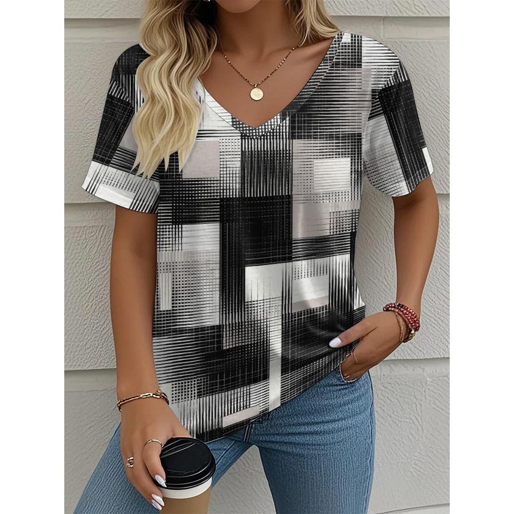 Summer Plaid Women's V-neck T-shirt Outdoor Casual Short-sleeved Top