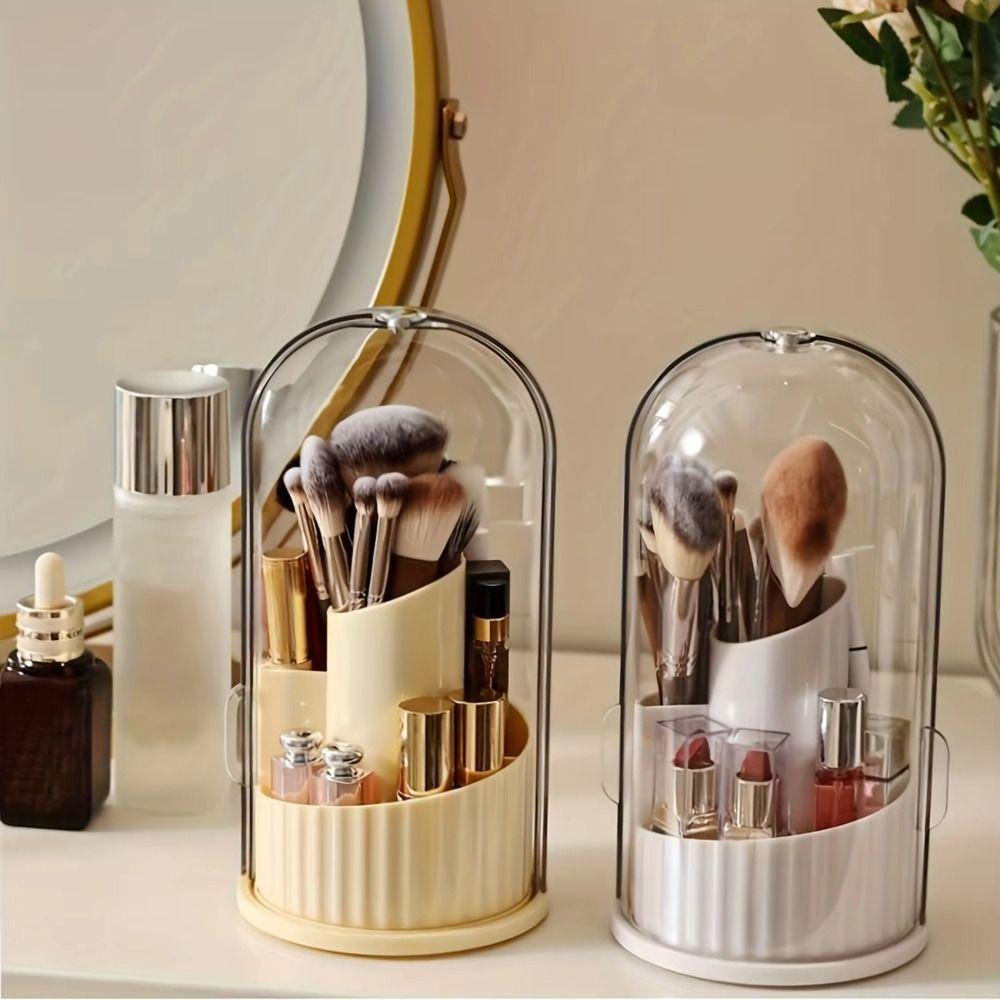 360° Rotating Makeup Brush Holder Large Capacity Dustproof Makeup Brush Storage Bucket with Lid Clear Cosmetic Organizer Desktop