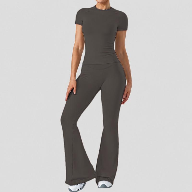 Womens High-Waisted Yoga Set With Butt-Lifting Effect Short Sleeve Top Flared Leggings Gym Fitness Running Dance