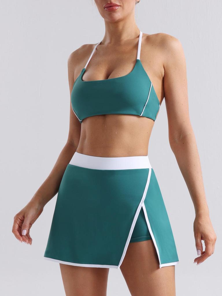 Комплект для йоги Nude Feeling Colorblock: Женский сексуальный спортивный бюстгальтер с открытой спиной и теннисная юбка