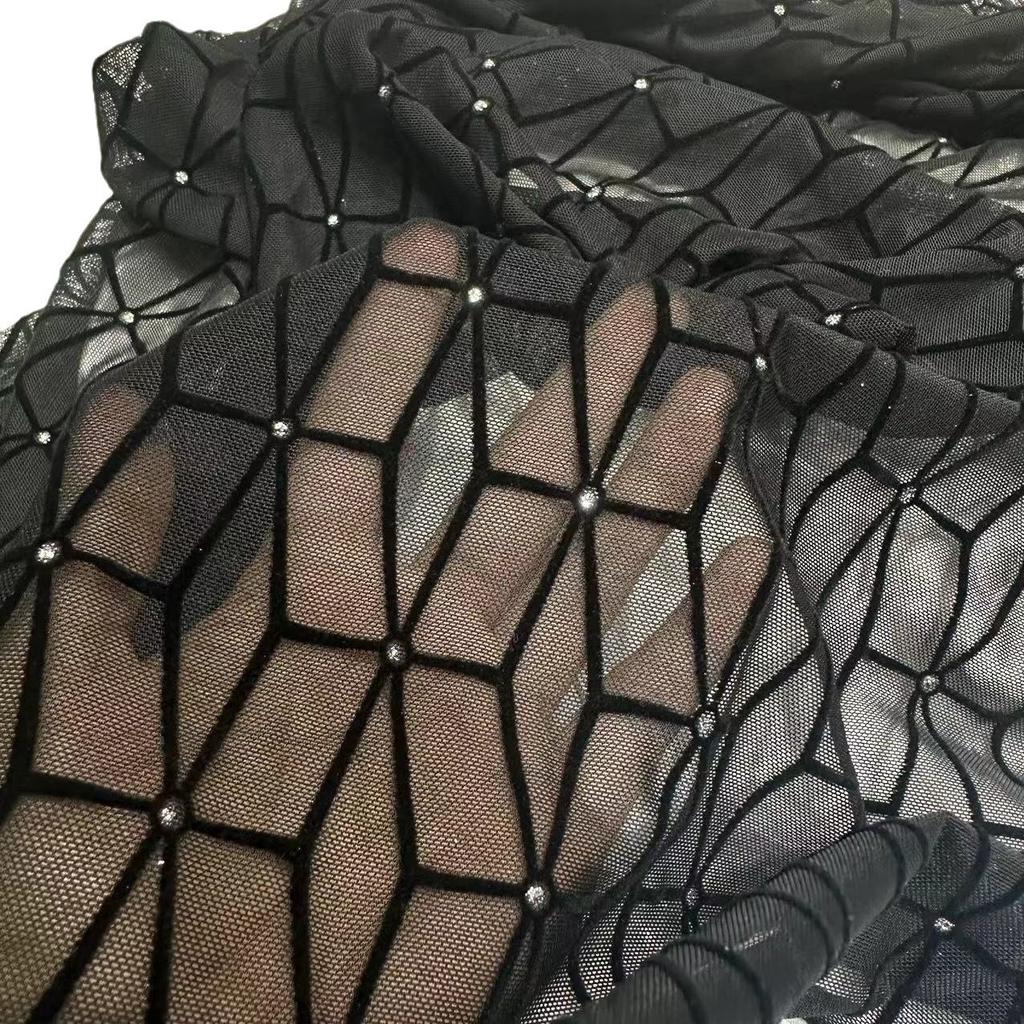 1yard*160cm Hexagonal pattern Stretchy Flocking Jacqurd Fabric Velvet Mesh African Fabrics for DIY Sewing Clothing