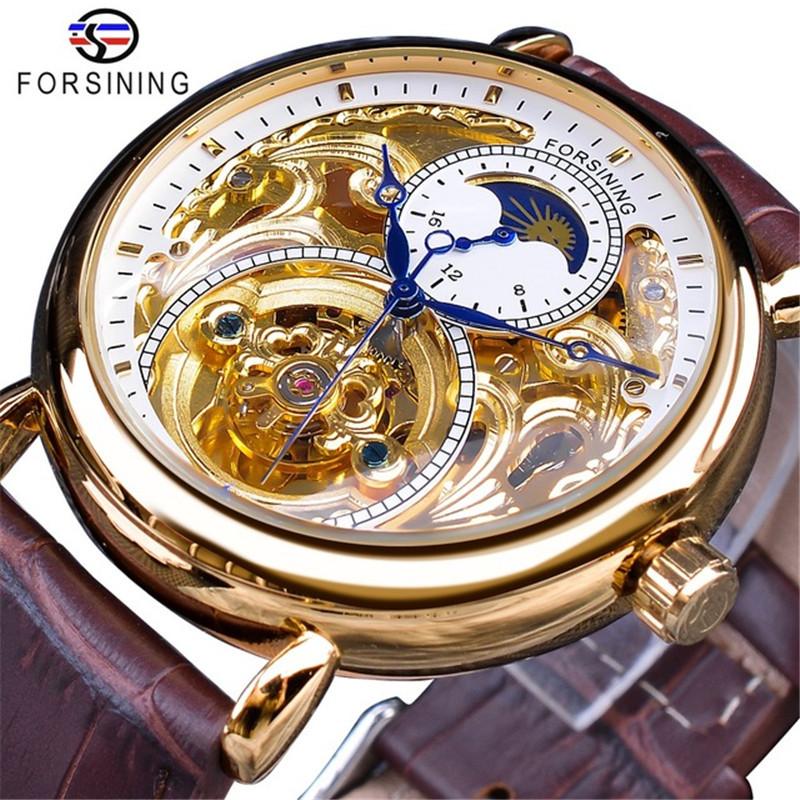 Forsining Men's Fashion Casual Hollow Moon Phase Carved Hollow Automatic Mechanical Watch