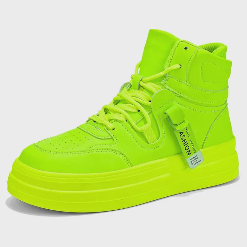 Men's High-Top Sneakers - New Autumn Styles, Height-Enhancing Thick Soles, Fashionable Fluorescent Green, Trendy Hong Kong Style.