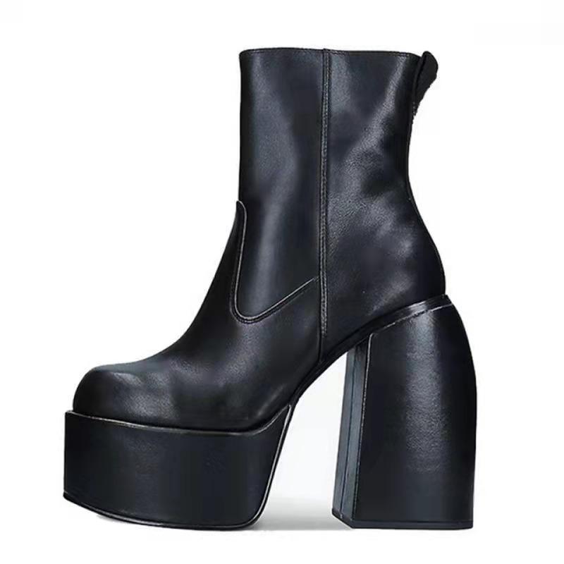 Modern Boots Women Mid Heels Round Toe Leather Boot Chunky Heels Slip-on Designer Block Heel Shoes Fashion Girls Platform Shoe