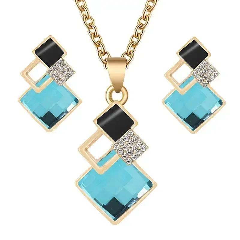 Square Diamond Inlaid Necklace Earrings Set Collarbone Chain Accessories Gifts Fashion Creative Decoration Korean Minimalist