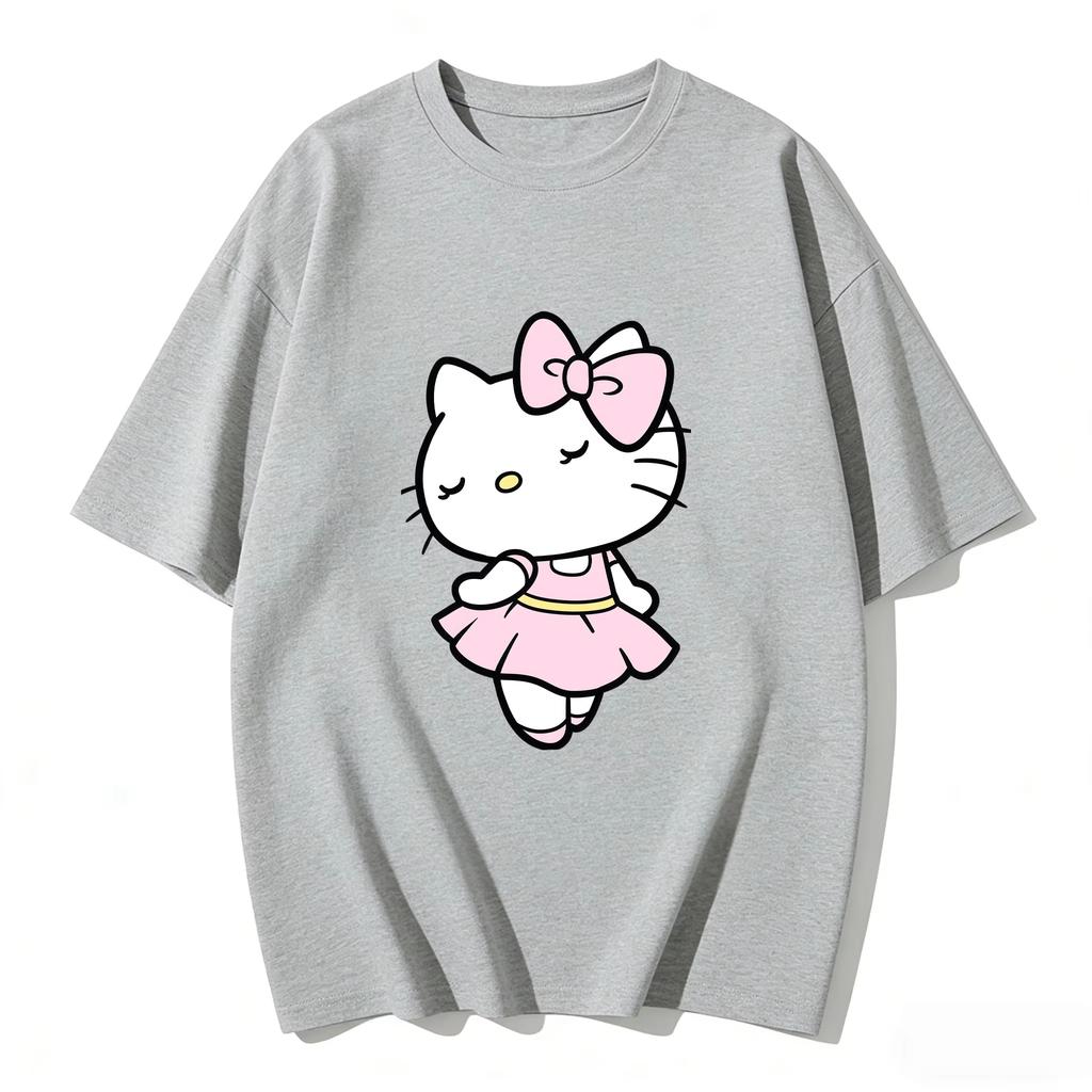 Summer New Arrival Kawaii Hello Kitty Ballerina Print Couple T Shirts Casual Loose Family Matching Outfits Parentchild Tee