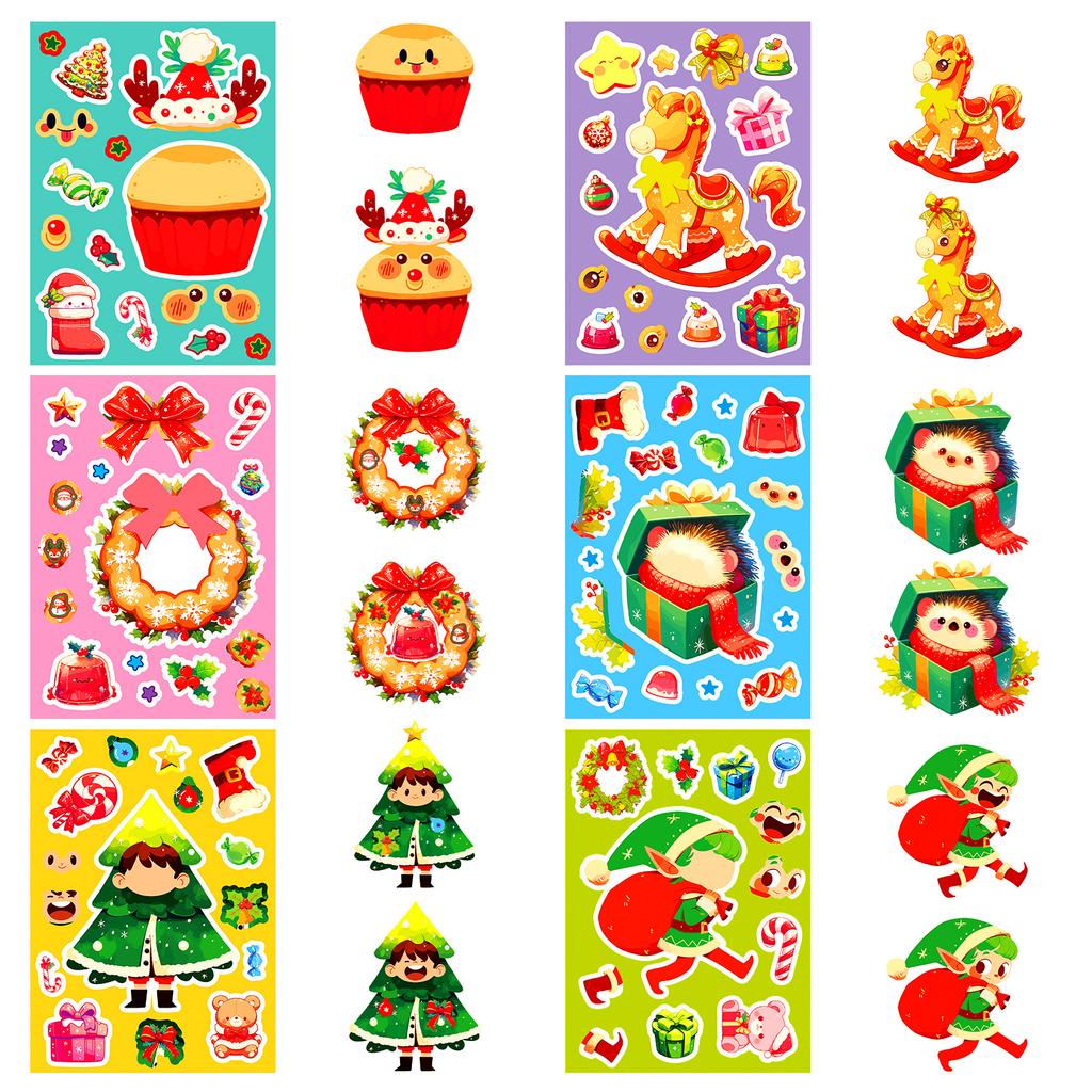 6 штук в упаковке, рождественские наклейки-пазлы, мультяшный троянский конь, рождественский венок на елку, коллаж своими руками, интерактивные наклейки для родителей и детей
