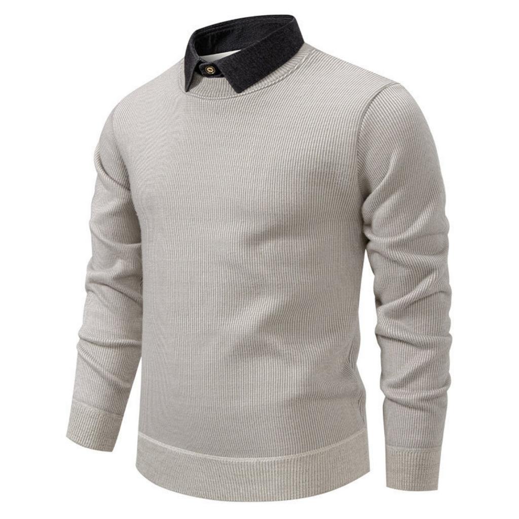 Men's Casual Patchwork Fake Two-piece Knitted Inner Sweater, Men's Warm Lapel Shirt Sweater