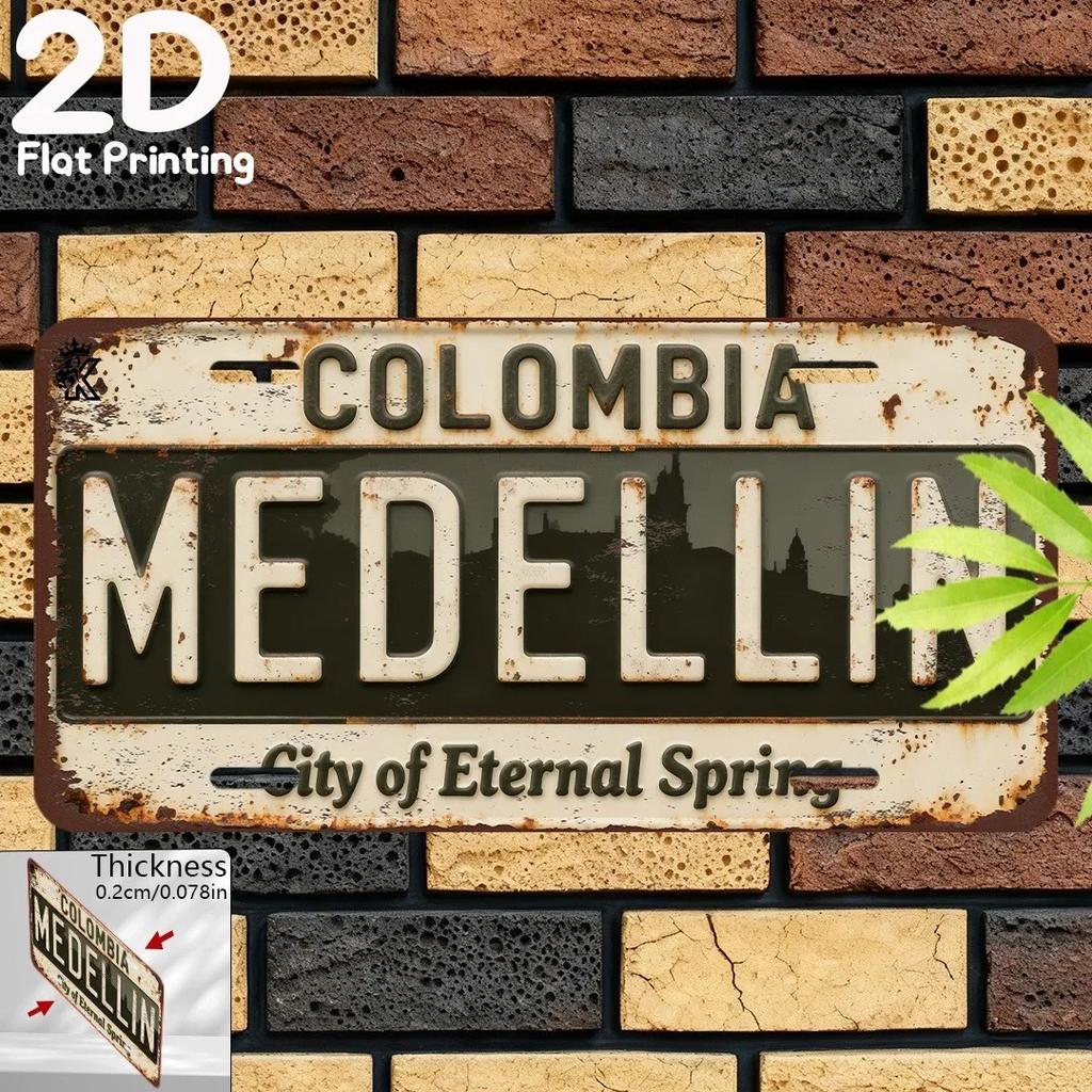 2D Flat Retro Medellin City Metal Plaque Vintage Wall Decor Colombia Cultural Art Gift
