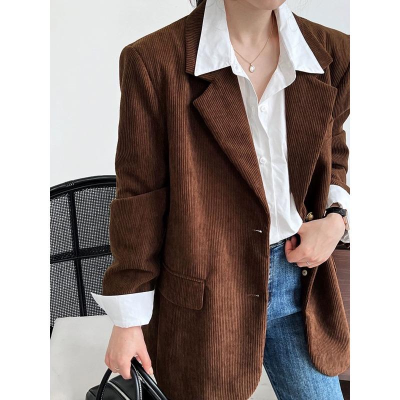 Женский однобортный пиджак из вельвета карамельно-коричневого цвета, модный пиджак свободного кроя в европейском стиле, однотонный цвет