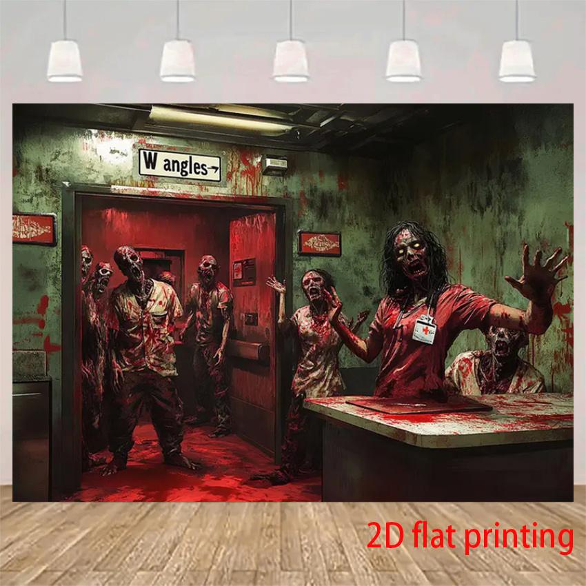 2D flat banner 1 piece 1 zombie hospital-themed background banner - blood-red and green fabric party decorationzyc