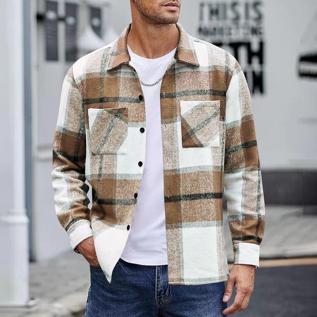 Men's Button Down Double Pocket Warm Plaid Colorblock Casual Comfortable Shirt Jacket