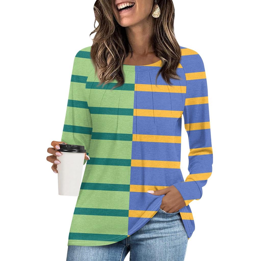 Women's Fashion Casual Pleated Round Neck Long Sleeve Striped T-Shirt Comfortable Top