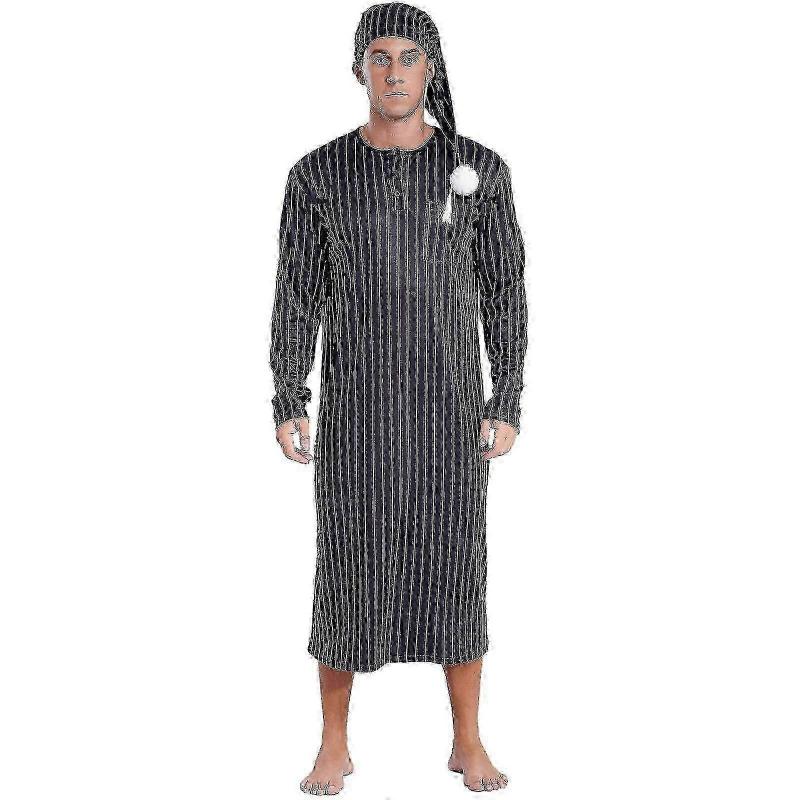 suitable for Men's Henley Sleep Shirt Nightgown Striped Big&Tall Long Sleeve Nightshirt with Night Hat-jcv