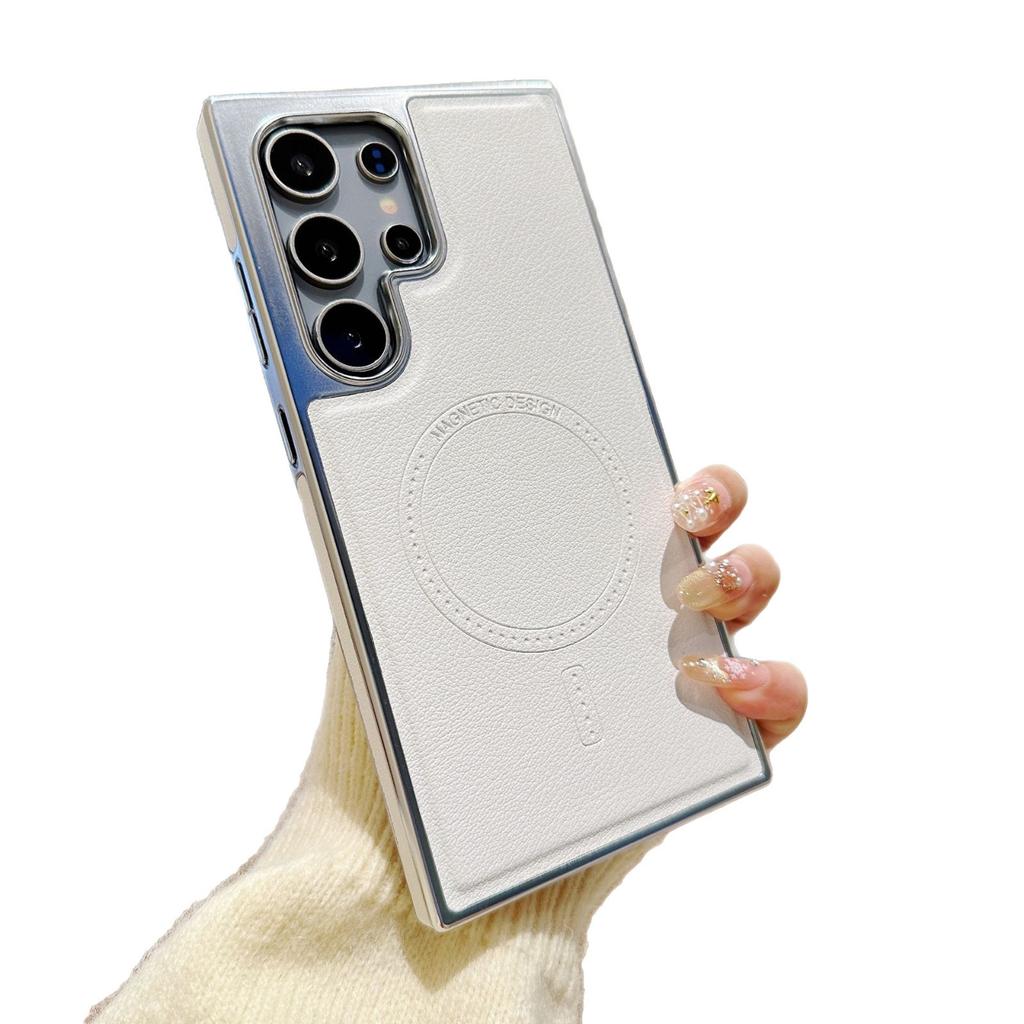 Samsung S25 Ultra Гальванизированный Кожаный Узор Магнитный Чехол для Телефона Samsung S24 Ultra Противоударный и Противоскользящий Чехол с Ощущением Кожи