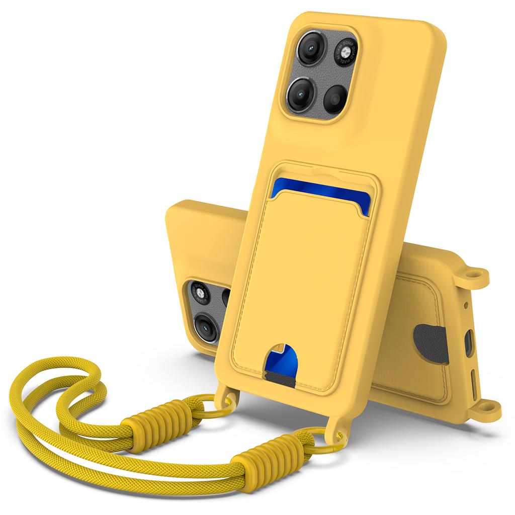 For Motorola Moto G15 Power 4G/G15 4G Liquid Silicone Case Phone Back Cover with Card Holder and Short Strap