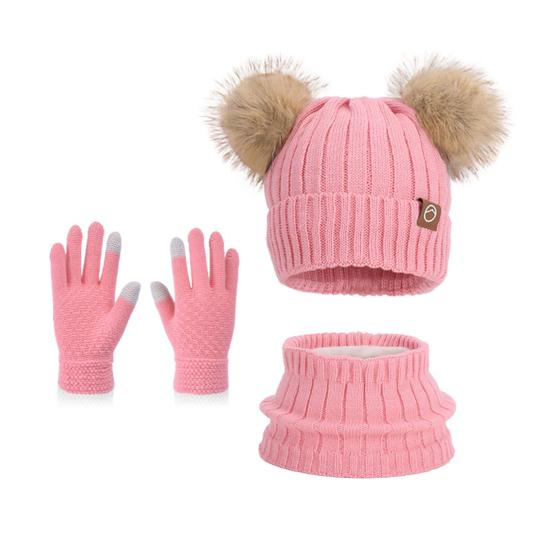3Pcs/Set Children Winter Hat Scarf Gloves Set Plush Lining Fluffy Ball Decoration Knitting Hat Neckerchief Gloves Set