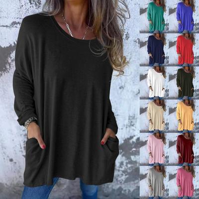 Женская мода повседневная однотонная рубашка с длинным рукавом и круглым вырезом с карманами